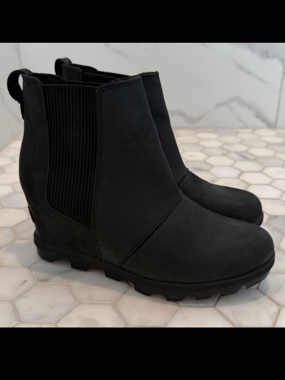 SOREL Joan Rhapsody Wedge Chelsea Bootie Black Leather Waterproof Boots Size 7